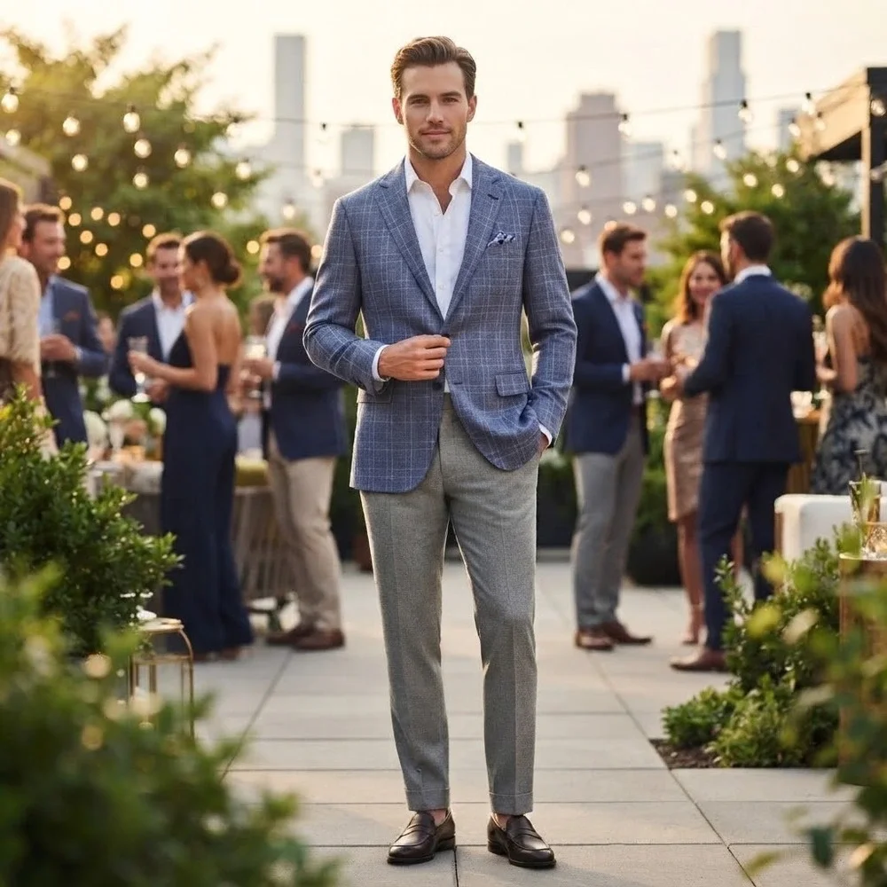 Joseph Abboud Blazer Mens 44S Blue Wool Silk Linen Plaid Sport Coat Heritage
